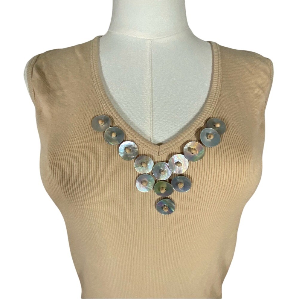 Tan Sleeveless ribbed stretchy Top with Sequin Detail size large unique casual